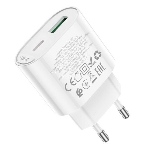 Мережевий зарядний пристрій Hoco C109A, 20 Вт, Quick Charge, Power Delivery (PD), білий, 2 порта, #6942007656719 Прев'ю 2