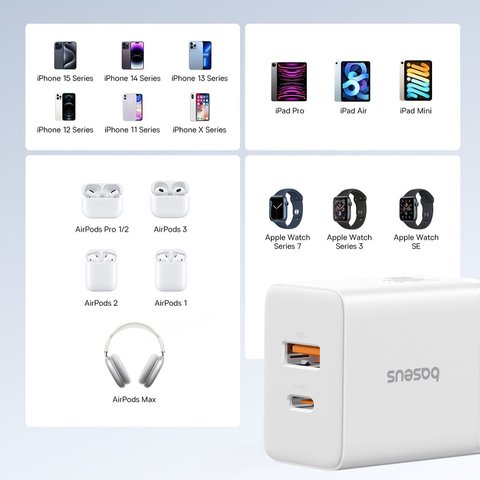 Adaptador de red Baseus Cube, 30 W, Power Delivery (PD), Fast Charge, blanco, 2 puertos, #P10111404213-00 Vista previa  8